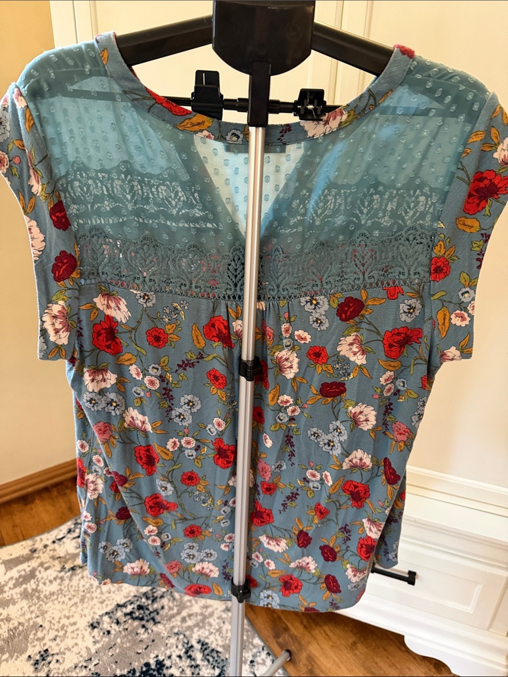 Daniel Rainn Dusty Teal Floral Lace-Trim V-Neck Blouse (69) - Picture 3 of 3